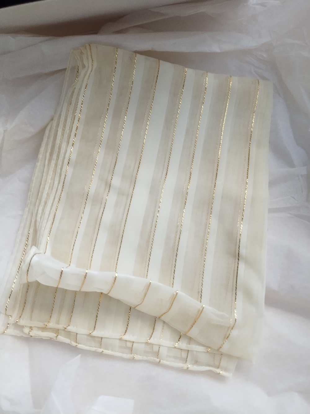 Vintage A-Line Ivory & Gold Sheer Scarf – New in Original Box”.